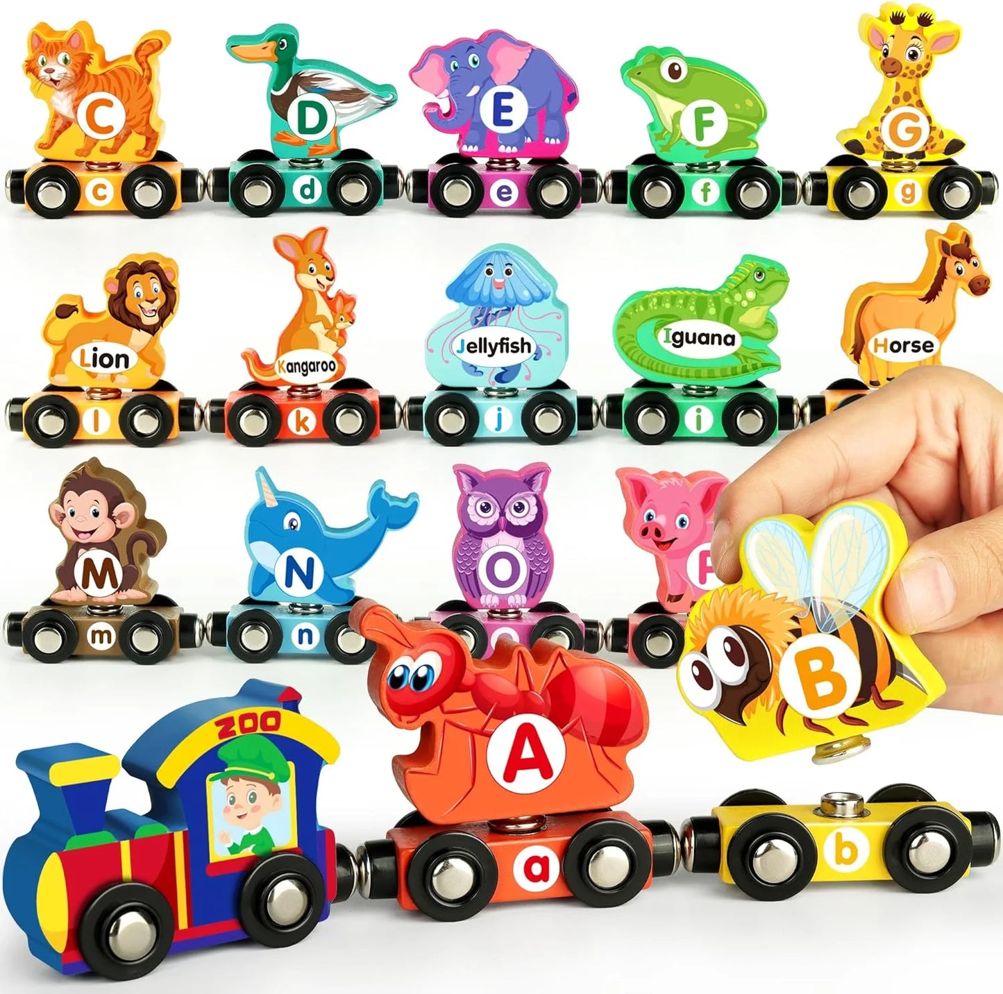Wooden Train Set for Toddlers - Snap-Connection Animal Trains, Magnetic Alphabet Train Learning Toys, STEM Preschool Toys, ABC and Animal Play Set for Kids Ages 3-5 Christmas Gifts for Kids
