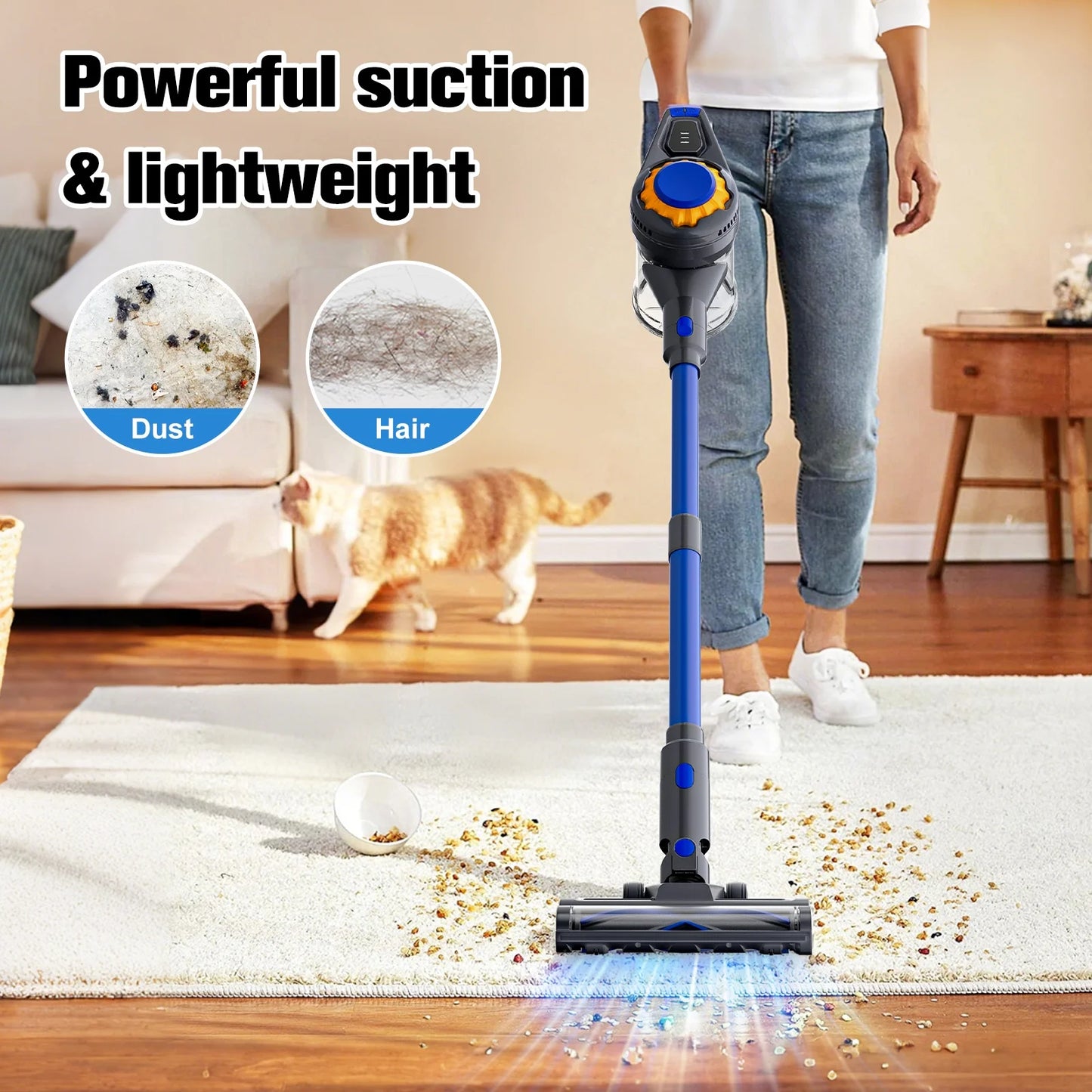 Cordless Vacuum Cleaner, 50Mins Runtime, Powerful Stick Vacuum 6*2600Mah Rechargeable Cordless Vacuum for Carpet, Tile, Pet Hair, Hardwood Floors, Blue