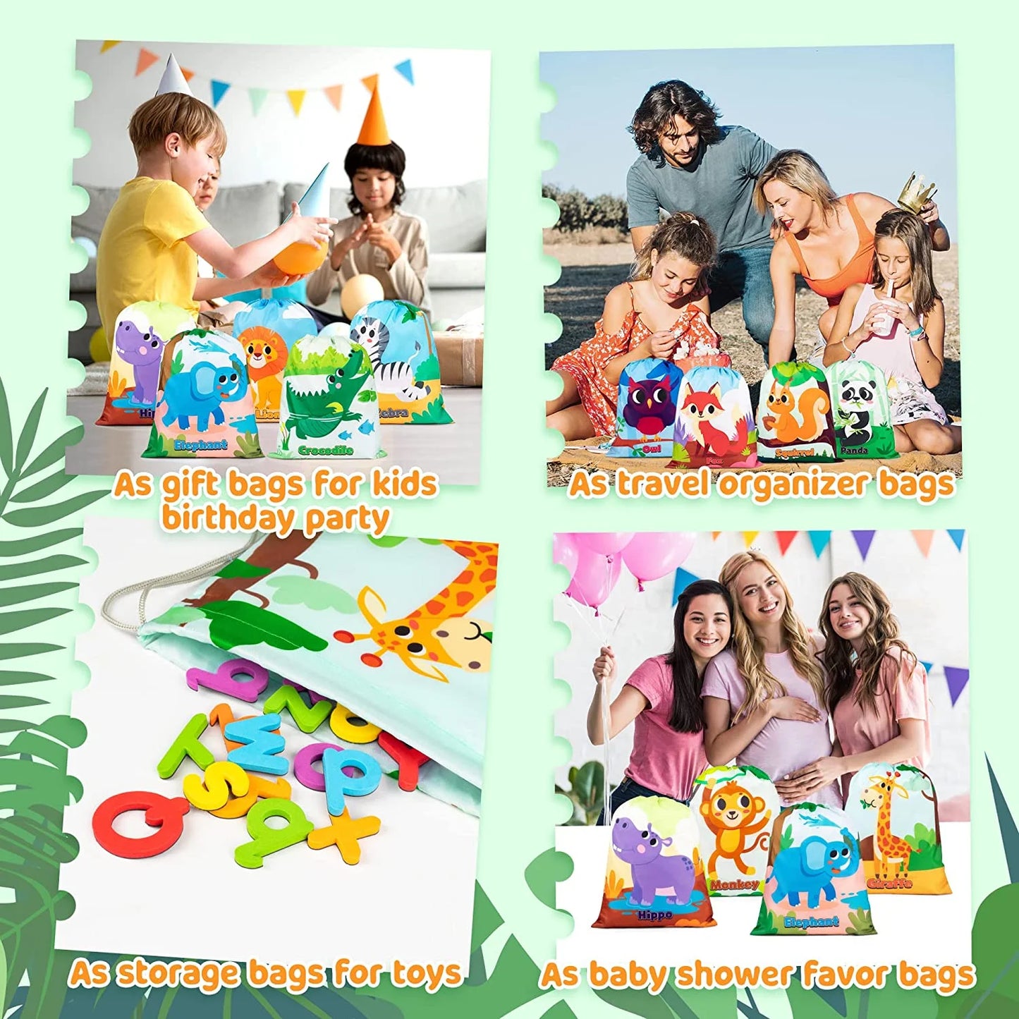 12 Pack Animal Party Favor Drawstring Bags for Kids Birthday Supplies, Animal Backpack String Bags for Boys Girls, Jungle Gift Goodie Treat Bag for Party Baby Shower School Travel Storage Bag