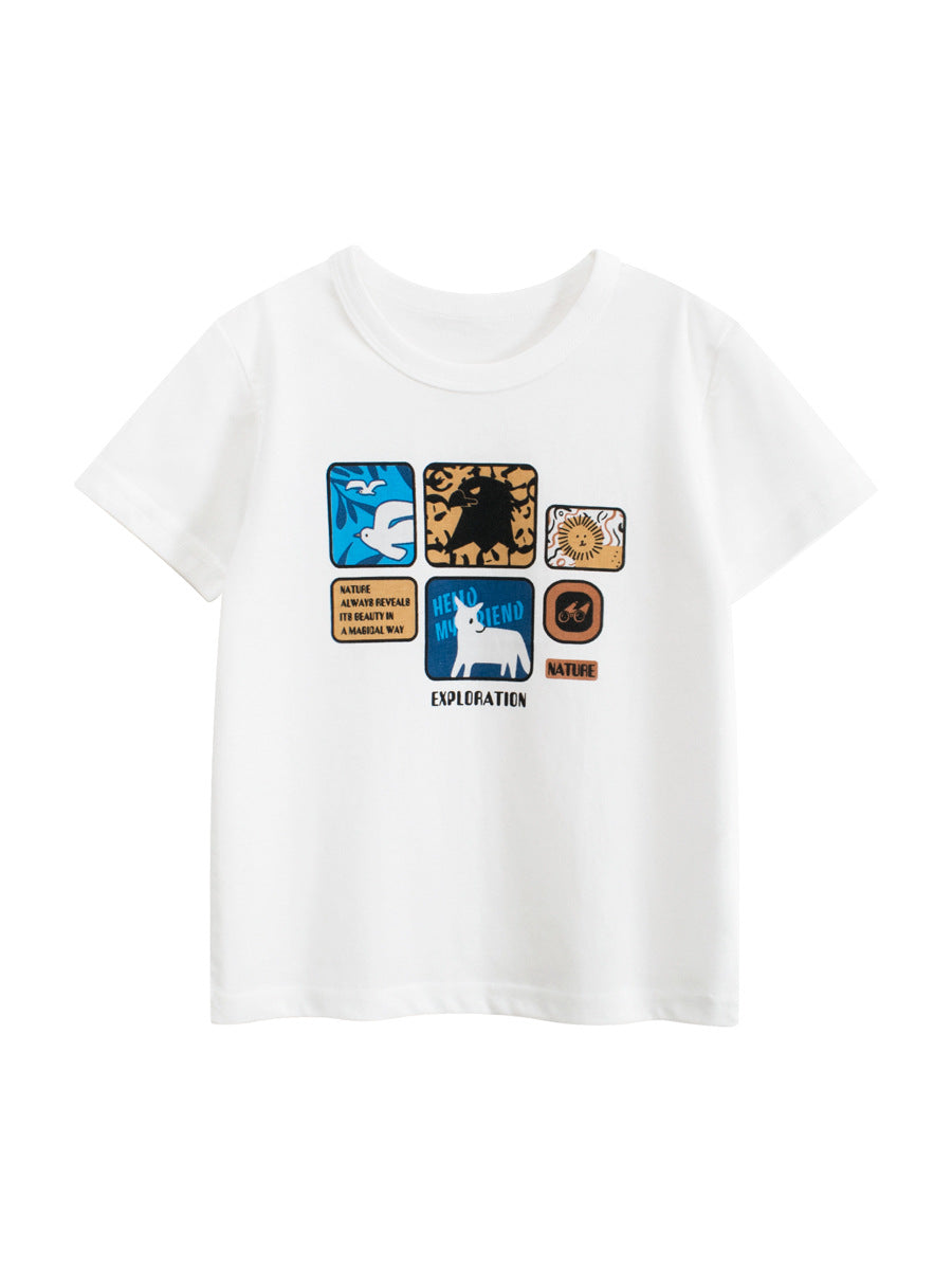 Summer Boys’ Animals Cartoon and Letters Pattern T-shirt in European and American Style
