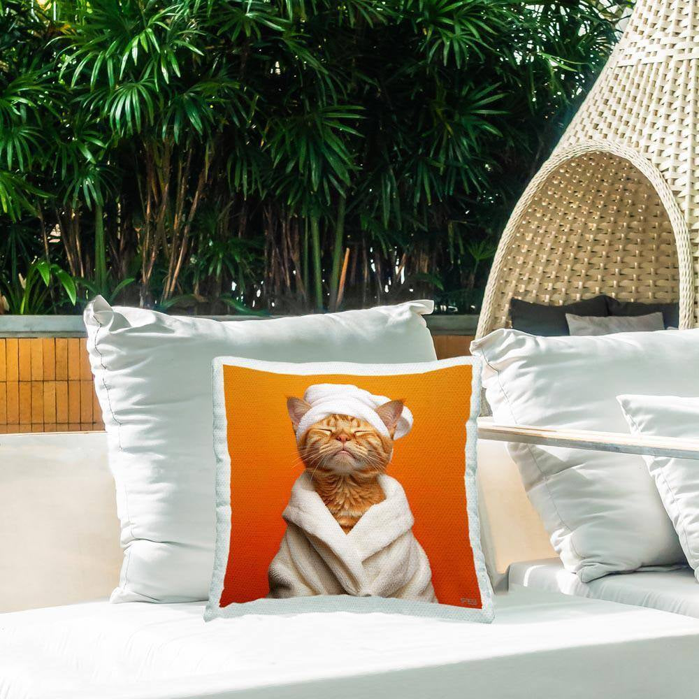 Cat in Bath Towel Outdoor Printed Throw Pillow by RB