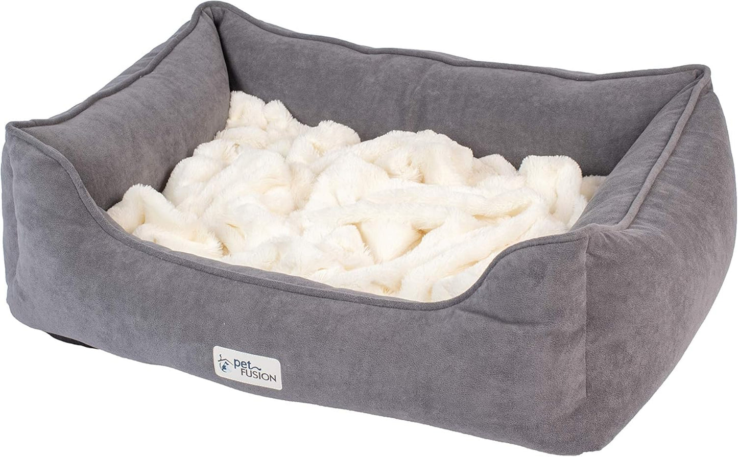 Calming Cuddler Dog & Cat Bed | Anti-Anxiety Dog Bed for Medium Dogs & Cats | Loose Blanket Promotes Burrowing (Dogs) & Kneading (Cats) | Certipur-Us Memory Foam | Grey/Ivory