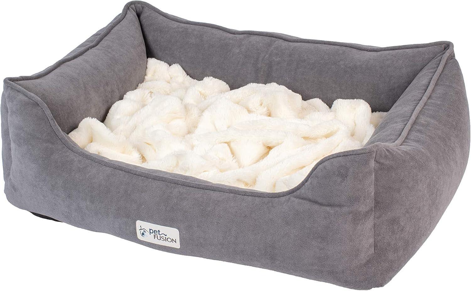 Calming Cuddler Dog & Cat Bed | Anti-Anxiety Dog Bed for Medium Dogs & Cats | Loose Blanket Promotes Burrowing (Dogs) & Kneading (Cats) | Certipur-Us Memory Foam | Grey/Ivory