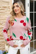 Pink Cherry Print Round Neck Knit Sweater