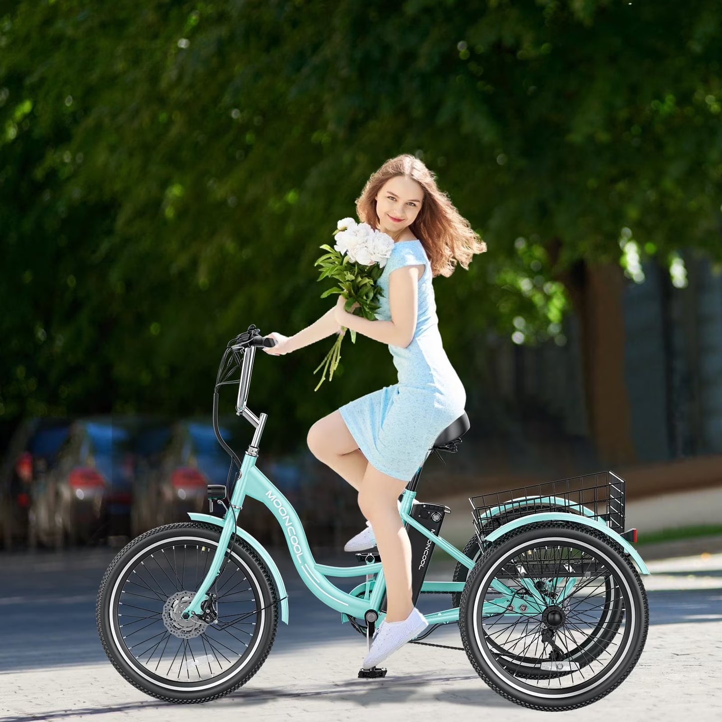 Electric Tricycle for Adults, 350W 36V Electric Trike Motorized Three Wheel Electric Bicycle, 7 Speeds 3 Wheels Adult Electric Tricycle with Large Basket,Cyan