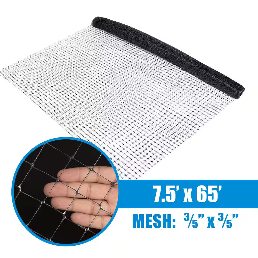 7.5 Ft. X 65 Ft. Black Polywire Garden and Plant Protective Netting with 3/5 In. Mesh, Reusable and Doesn'T Tangle