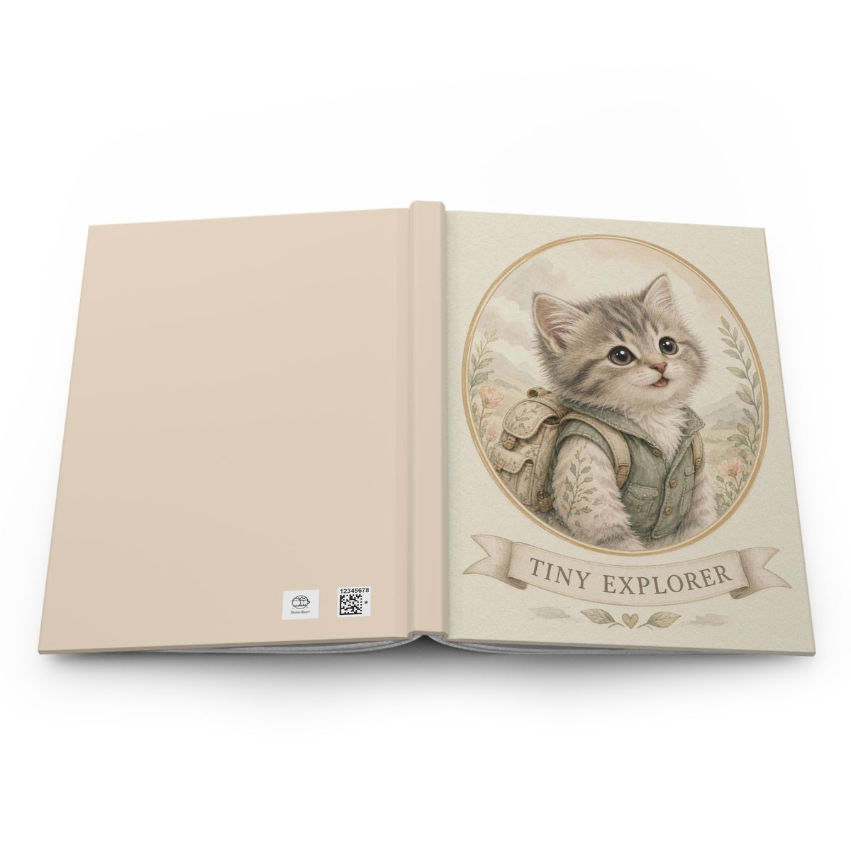 Tiny Explorer kitten illustration Hardcover Journal | Vintage backpack kitten portrait