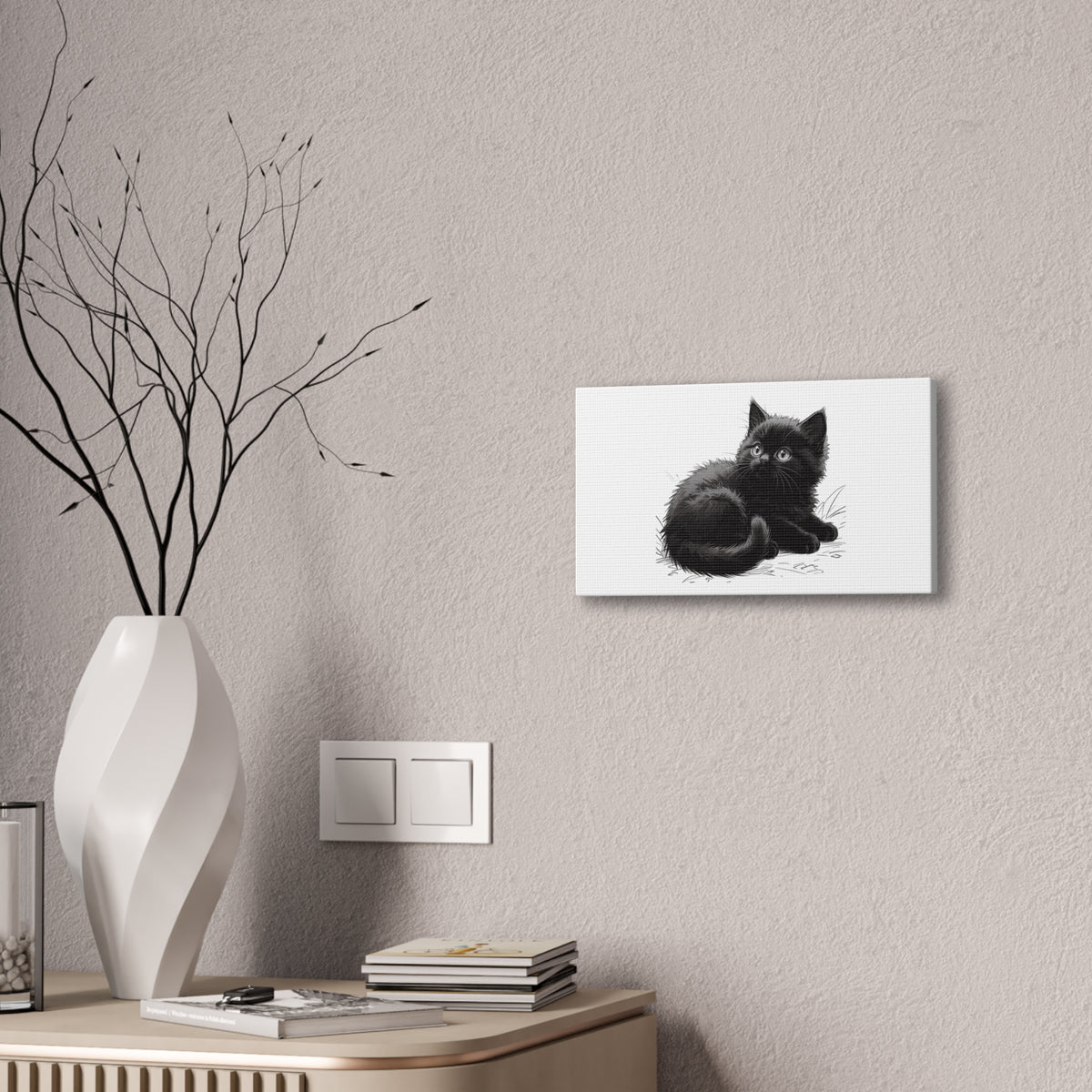 Black Kitten Illustration Canvas Stretched | Cute Cat Wall Art- Nursery & Kids room Decor, Twixie Collection- Bestie Best
