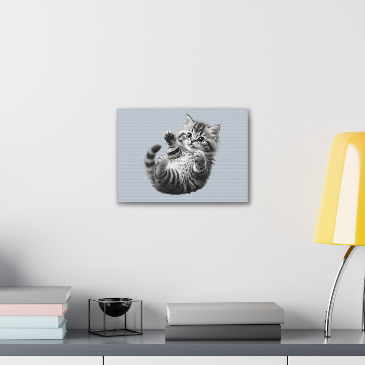 Playful Tabby Grey Fluffy Kitten Illustration Canvas Stretched | Cute Cat Wall Art- Sage Collection- Bestie Best Collection