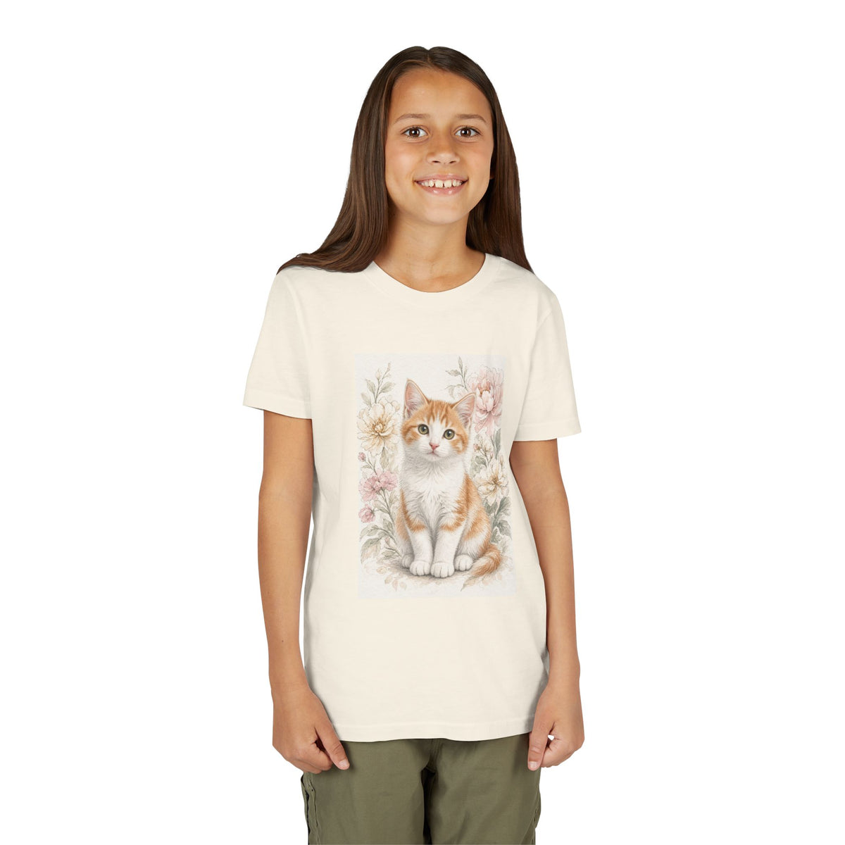 Adorable Orange Tabby Kitten Floral Illustration Youth Tee | Cute Cat Shirt- Vienna Collection