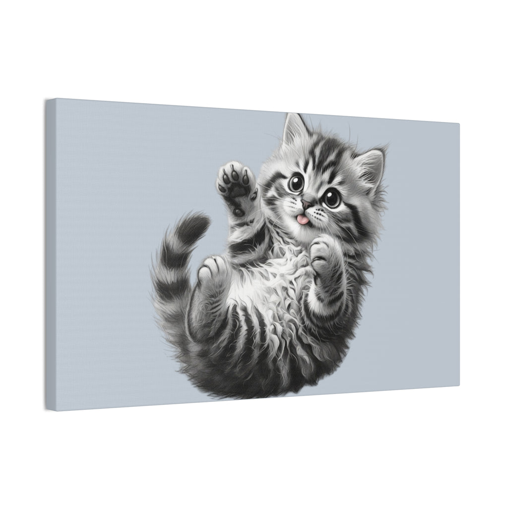 Playful Tabby Grey Fluffy Kitten Illustration Canvas Stretched | Cute Cat Wall Art- Sage Collection- Bestie Best Collection