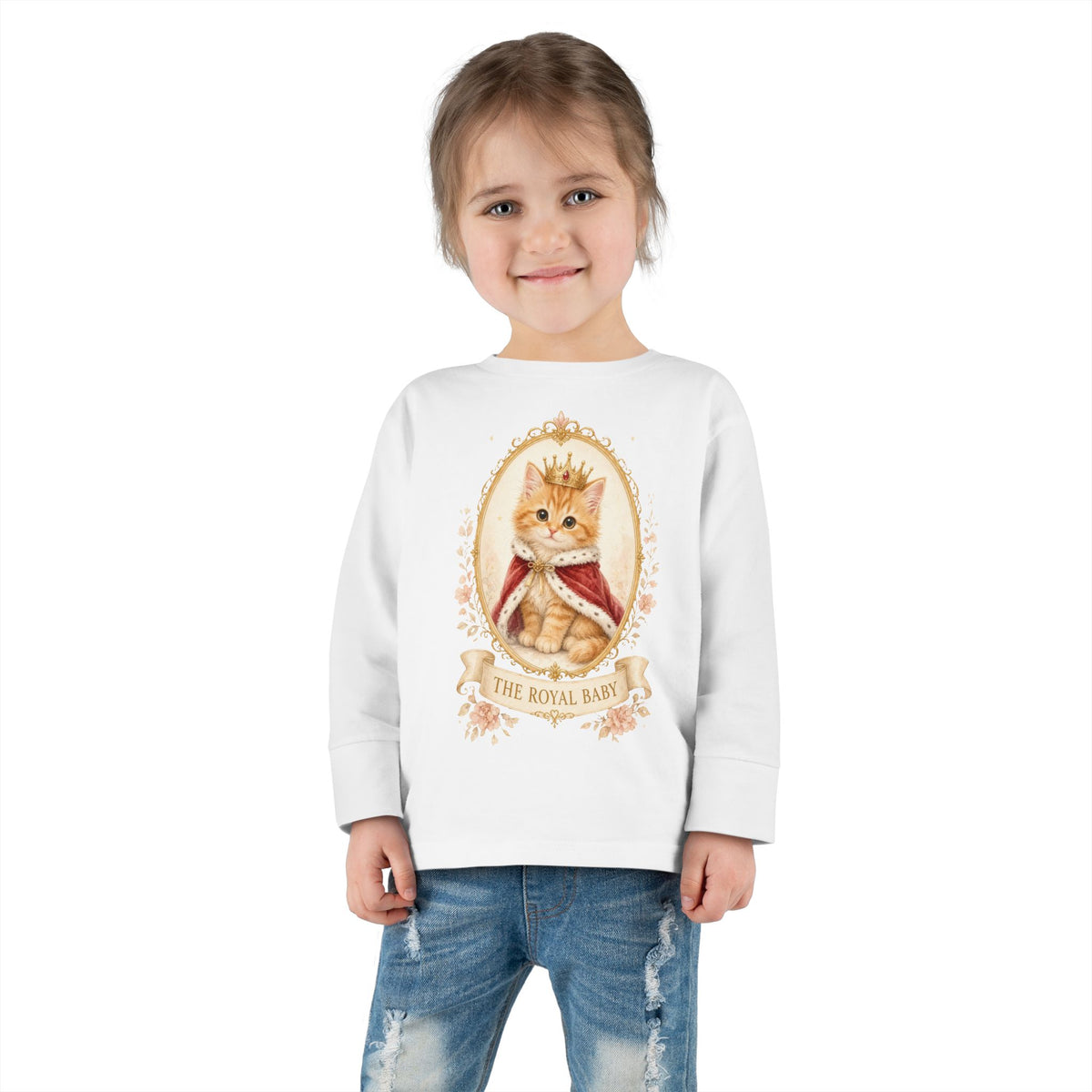 Royal Kitten Portrait Toddler Long Sleeve Tee | Crowned Cat Illustration- Orange Sherbet Collection- Bestie Best Luxury