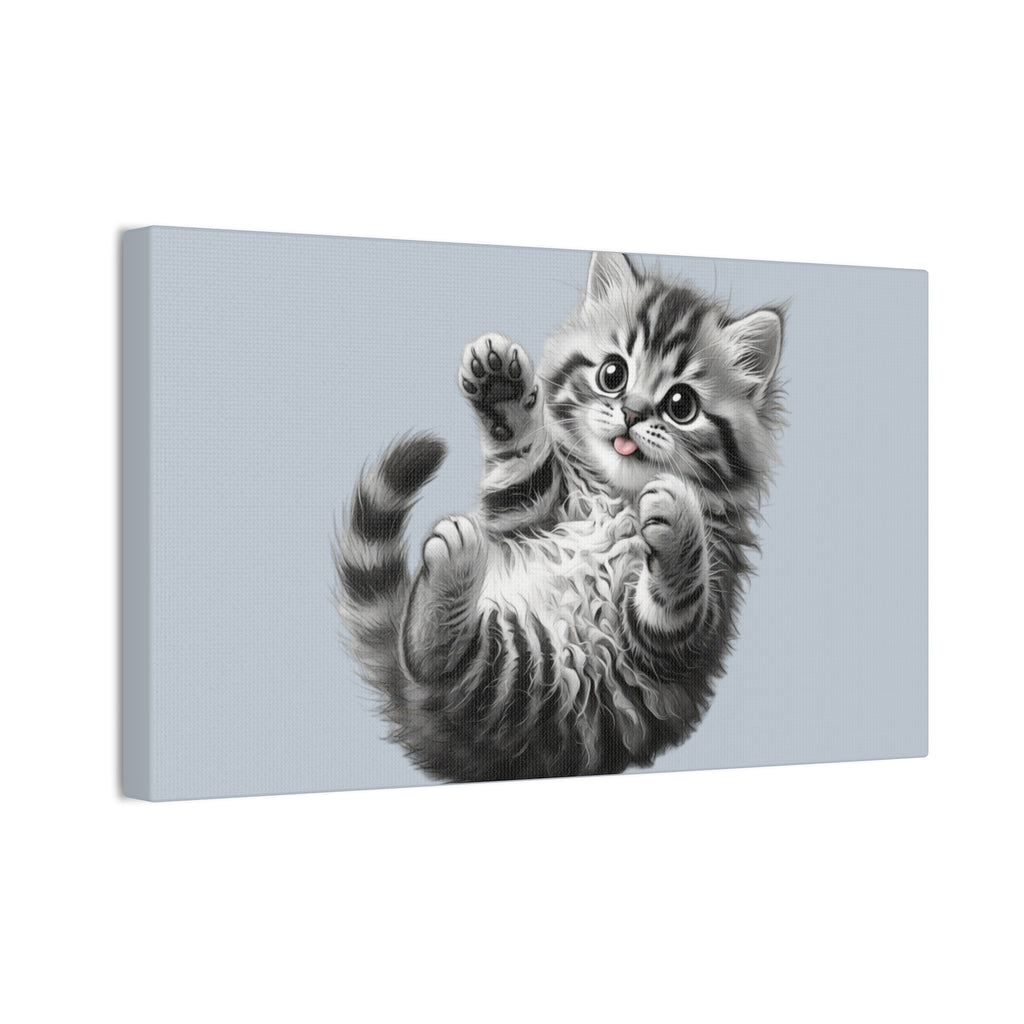 Playful Tabby Grey Fluffy Kitten Illustration Canvas Stretched | Cute Cat Wall Art- Sage Collection- Bestie Best Collection