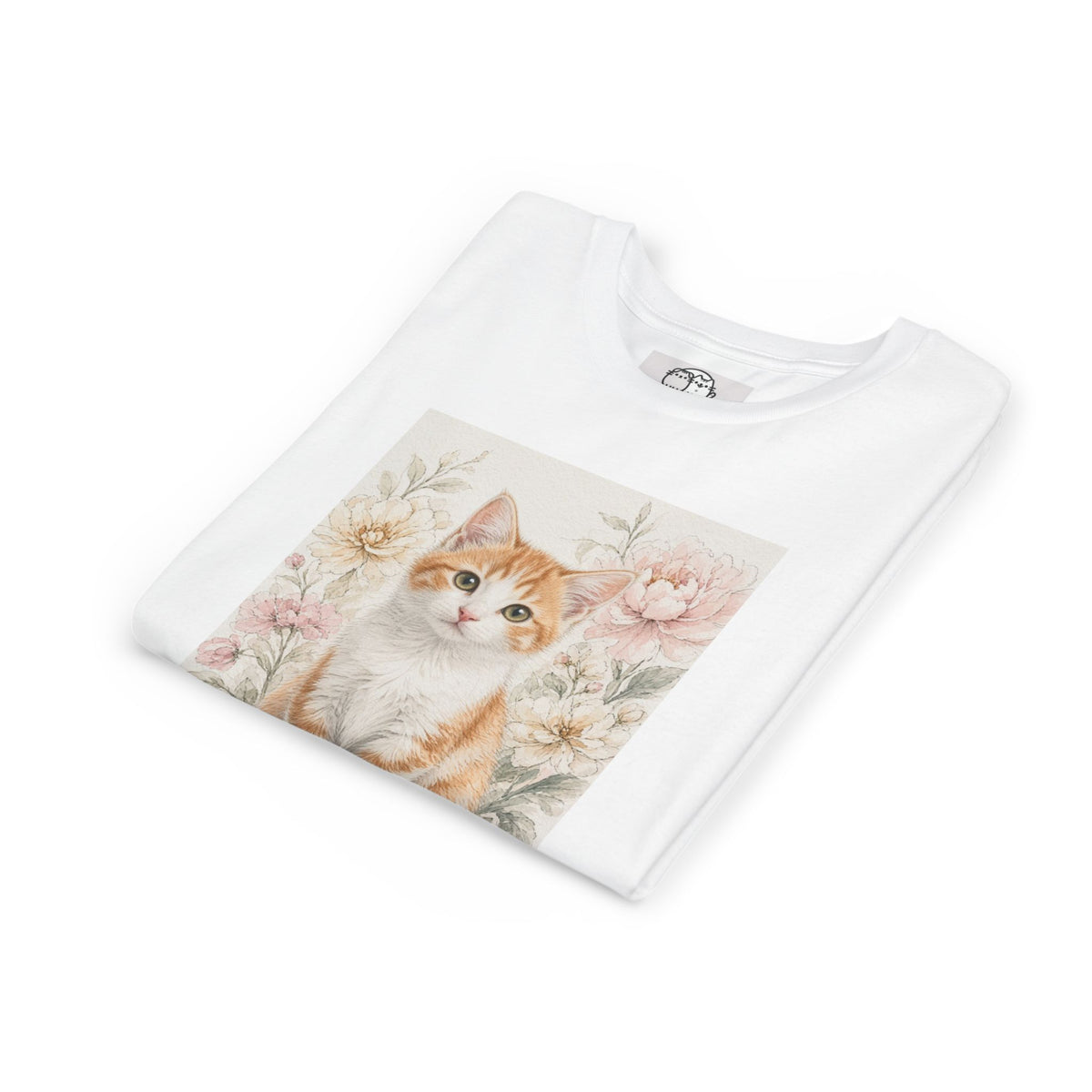 Adorable Orange Tabby Kitten Floral Illustration Youth Tee | Cute Cat Shirt- Vienna Collection
