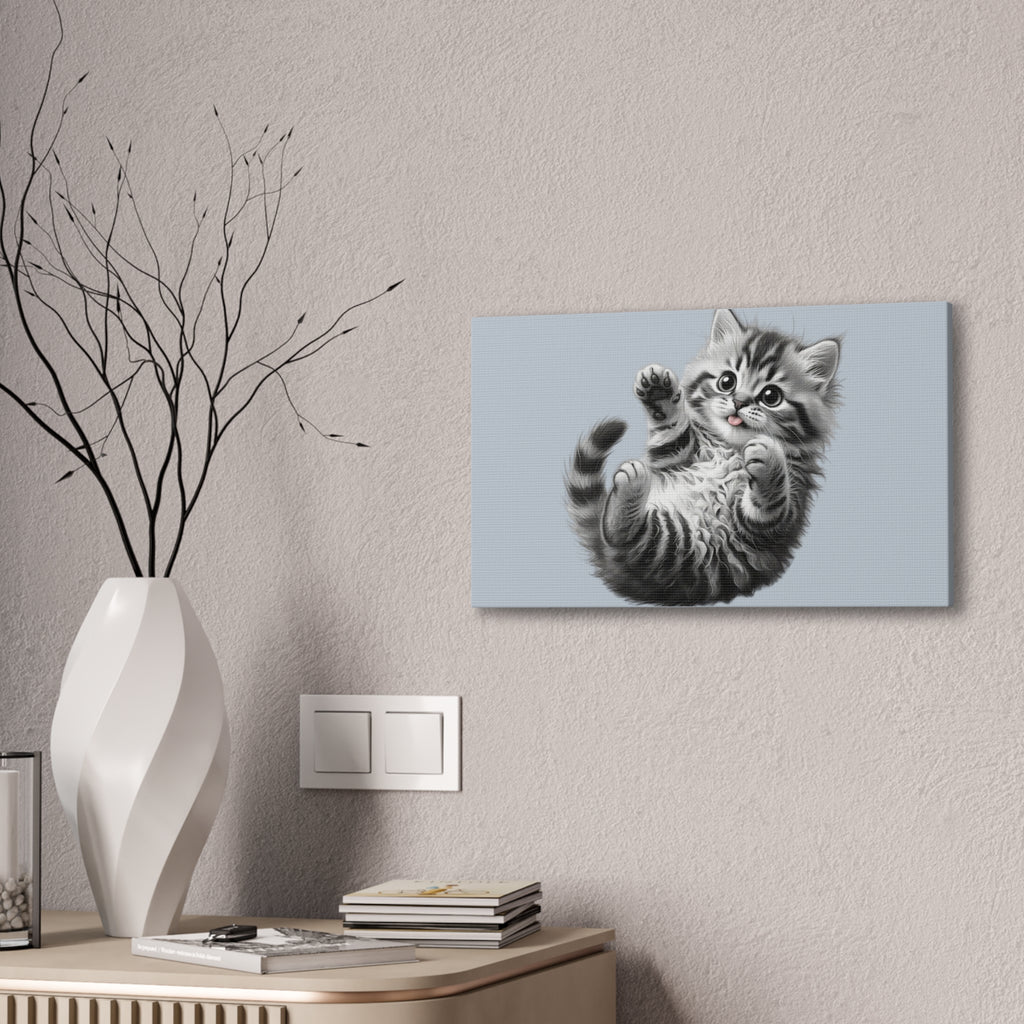 Playful Tabby Grey Fluffy Kitten Illustration Canvas Stretched | Cute Cat Wall Art- Sage Collection- Bestie Best Collection