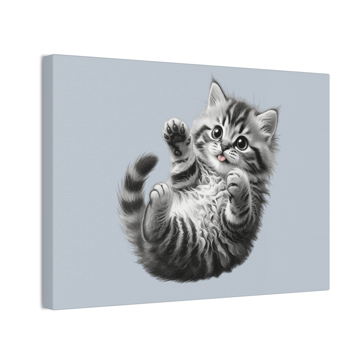 Playful Tabby Grey Fluffy Kitten Illustration Canvas Stretched | Cute Cat Wall Art- Sage Collection- Bestie Best Collection