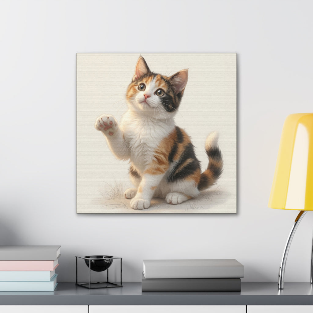 Calico Kitten Pawing Canvas Stretched Wall Art | 0.75" Nursery & Kids room Decor- Gloria Collection- Bestie Best