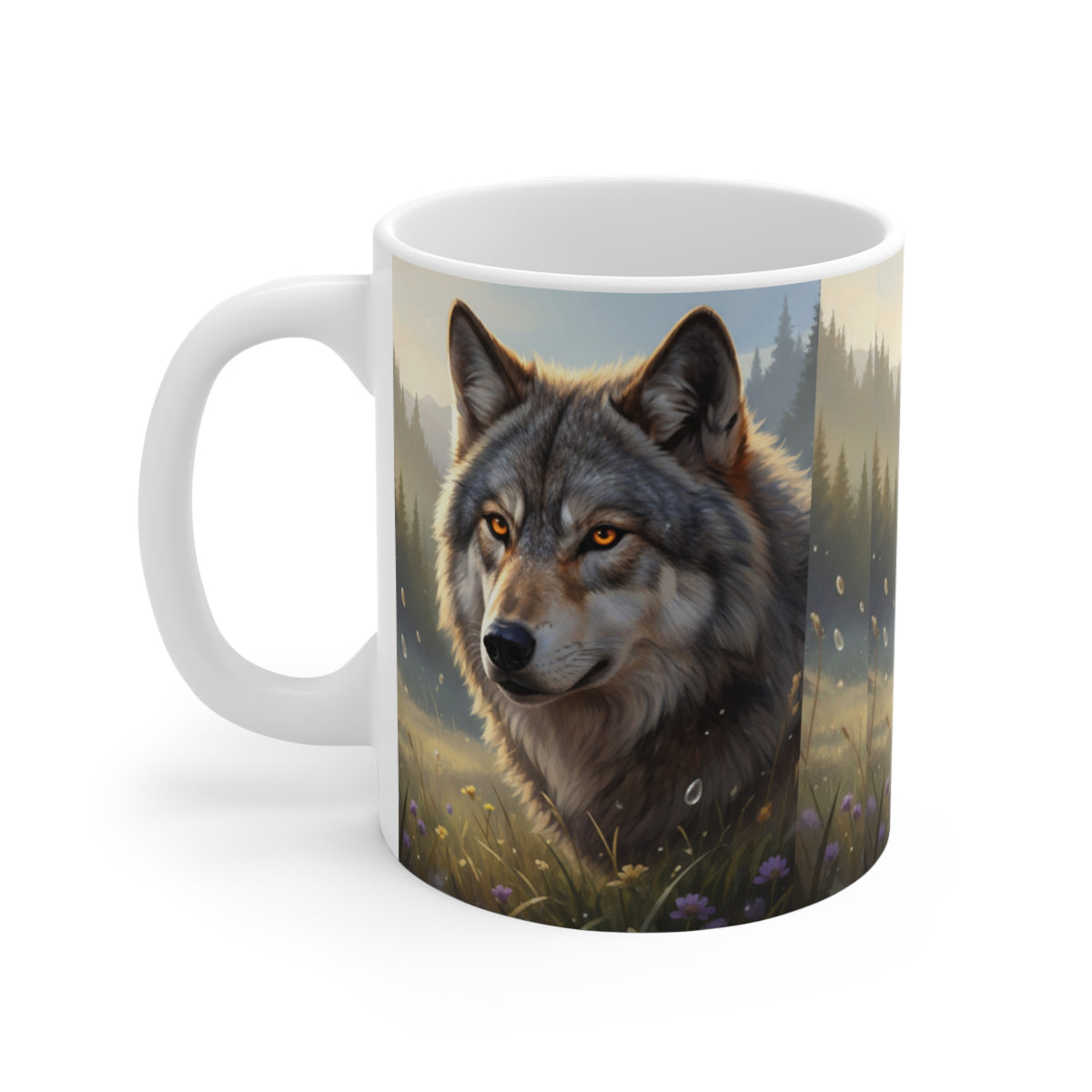Majestic Wolf Portrait Mug | Forest Morning Scene, Wild Nature