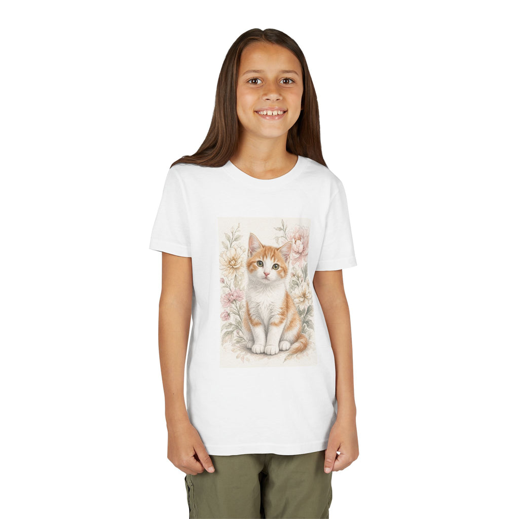 Adorable Orange Tabby Kitten Floral Illustration Youth Tee | Cute Cat Shirt- Vienna Collection