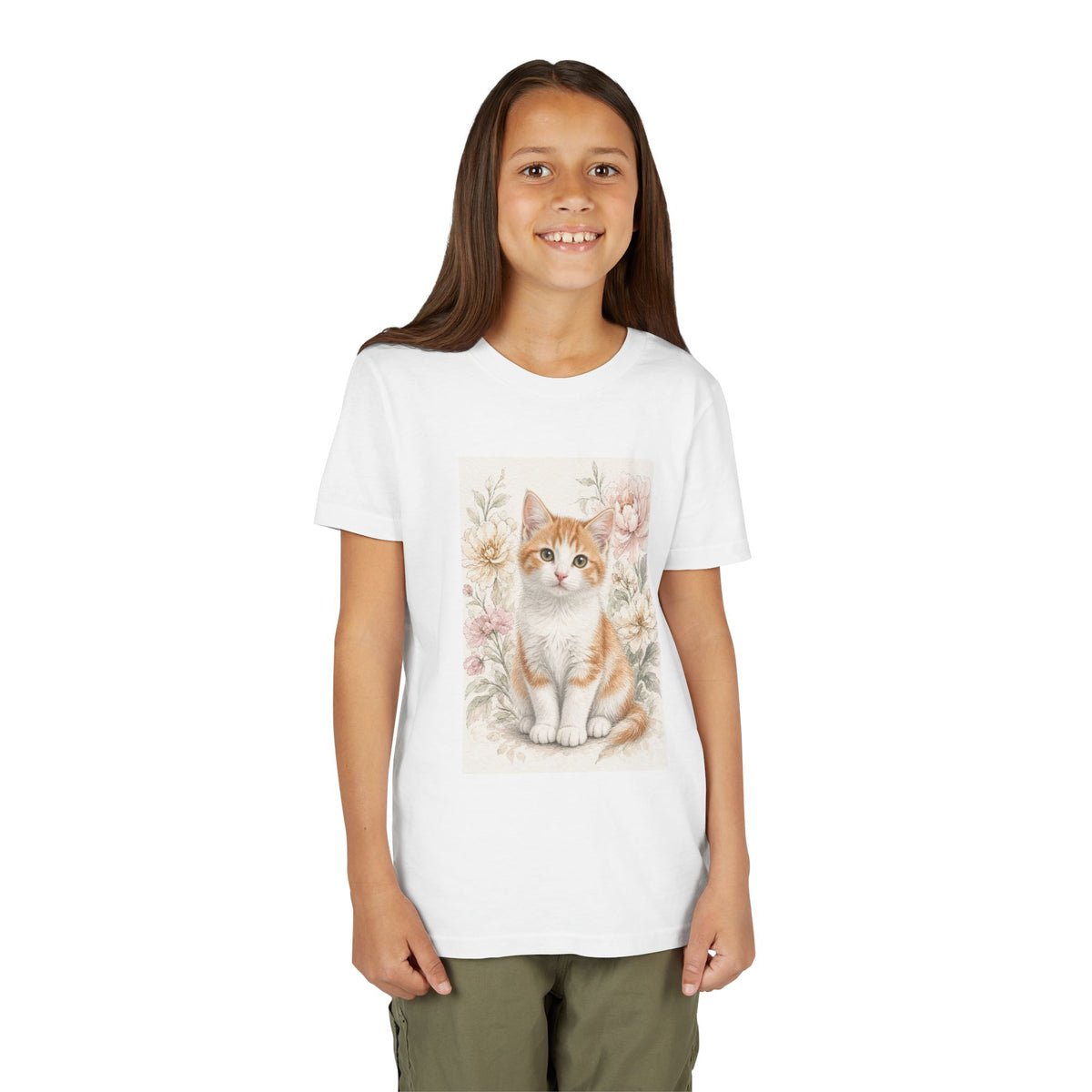 Adorable Orange Tabby Kitten Floral Illustration Youth Tee | Cute Cat Shirt- Vienna Collection