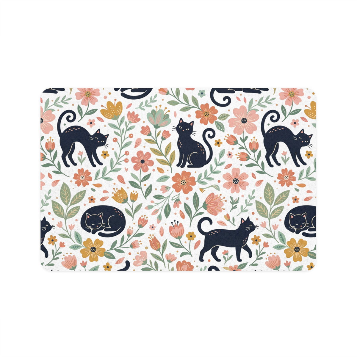 Black Cat Floral Pattern Pet Food Mat | 12x18 Cat Feeding Placemat- Bestie Best Collection