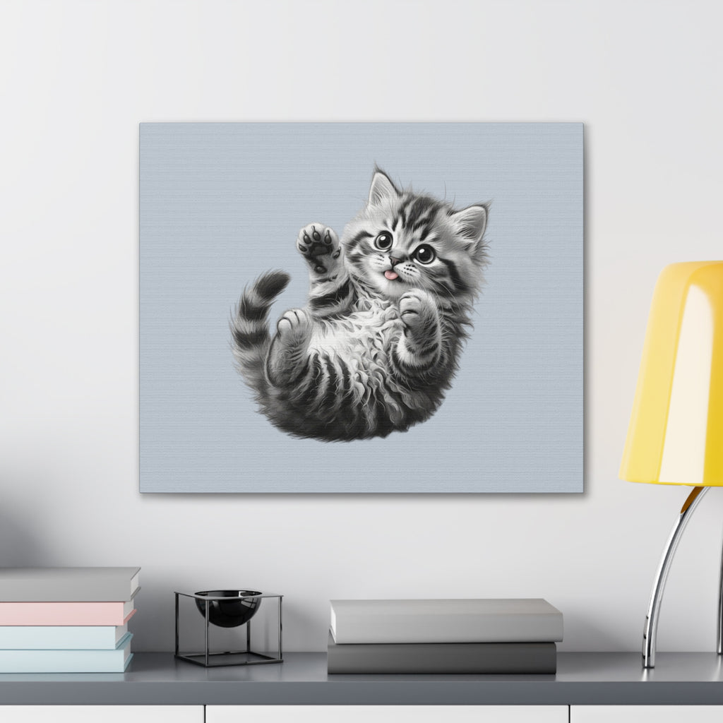 Playful Tabby Grey Fluffy Kitten Illustration Canvas Stretched | Cute Cat Wall Art- Sage Collection- Bestie Best Collection
