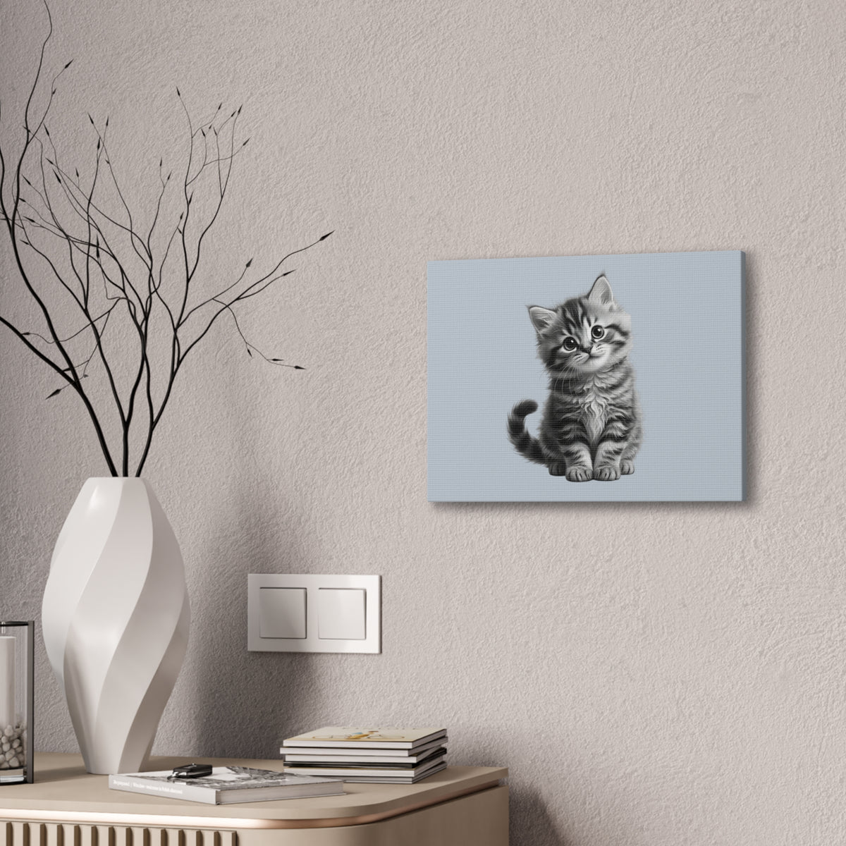 Gray Tabby Kitten Illustration Canvas- Bestie Best Decor Collection- Sage Collection