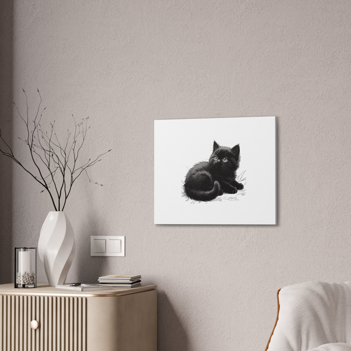 Black Kitten Illustration Canvas Stretched | Cute Cat Wall Art- Nursery & Kids room Decor, Twixie Collection- Bestie Best