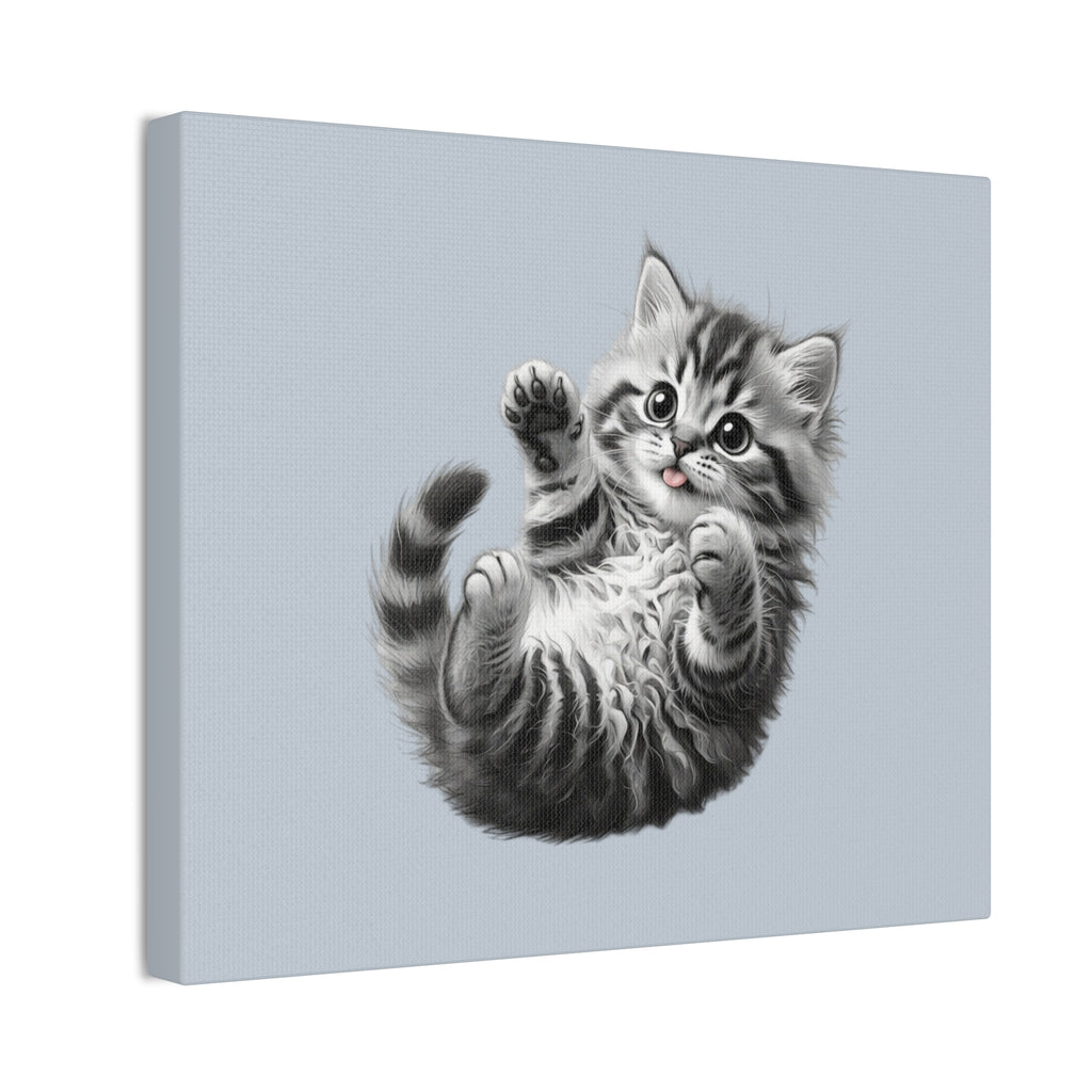 Playful Tabby Grey Fluffy Kitten Illustration Canvas Stretched | Cute Cat Wall Art- Sage Collection- Bestie Best Collection