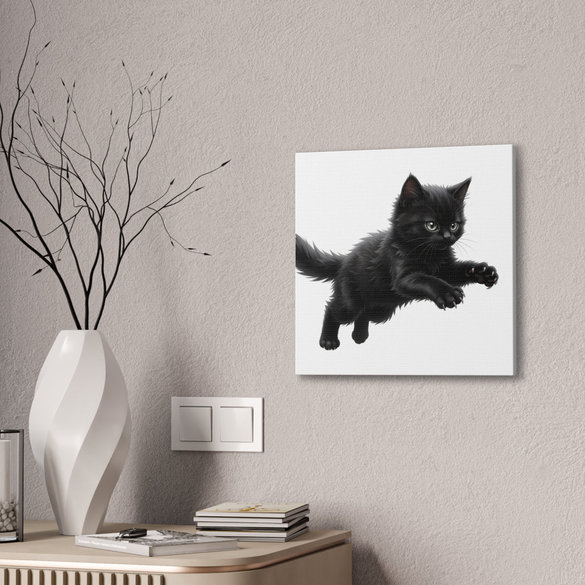 Leaping Fluffy Black Kitten Canvas- Twixie Collection- Bestie Best Decor Collection