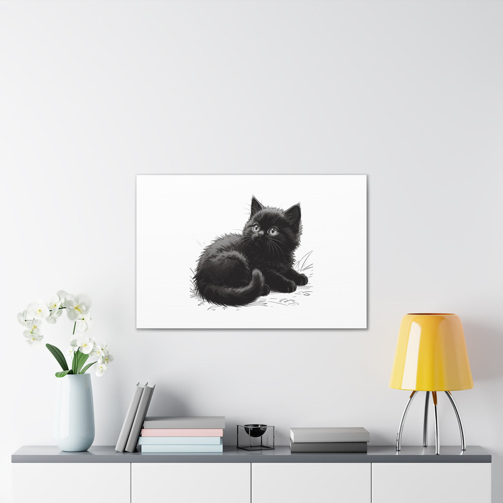 Black Kitten Illustration Canvas Stretched | Cute Cat Wall Art- Nursery & Kids room Decor, Twixie Collection- Bestie Best