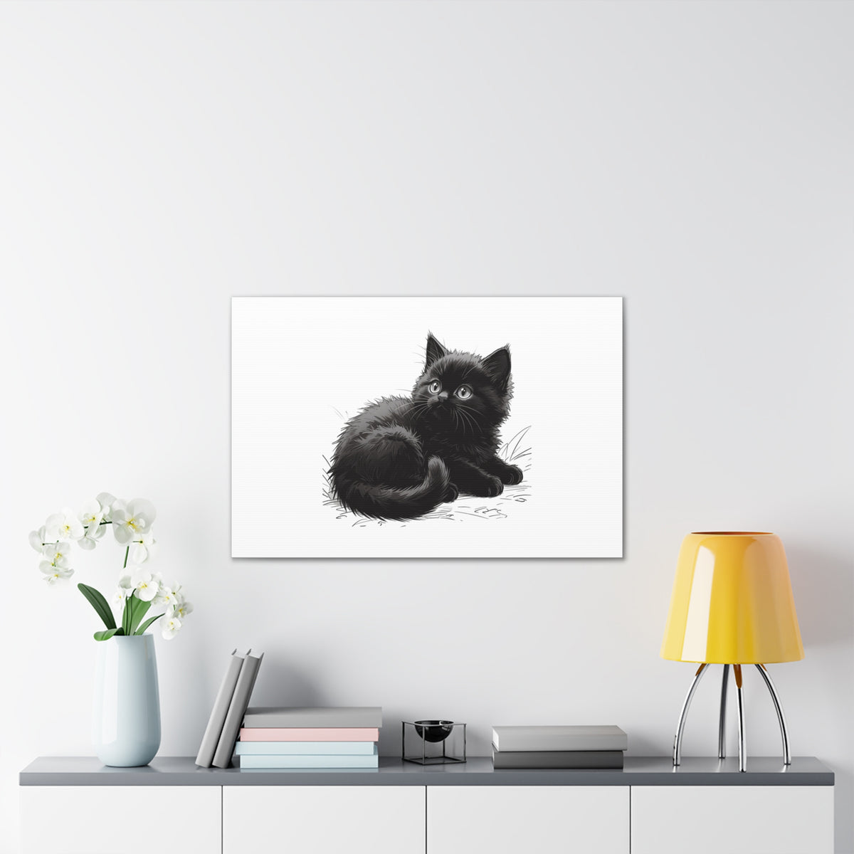 Black Kitten Illustration Canvas Stretched | Cute Cat Wall Art- Nursery & Kids room Decor, Twixie Collection- Bestie Best