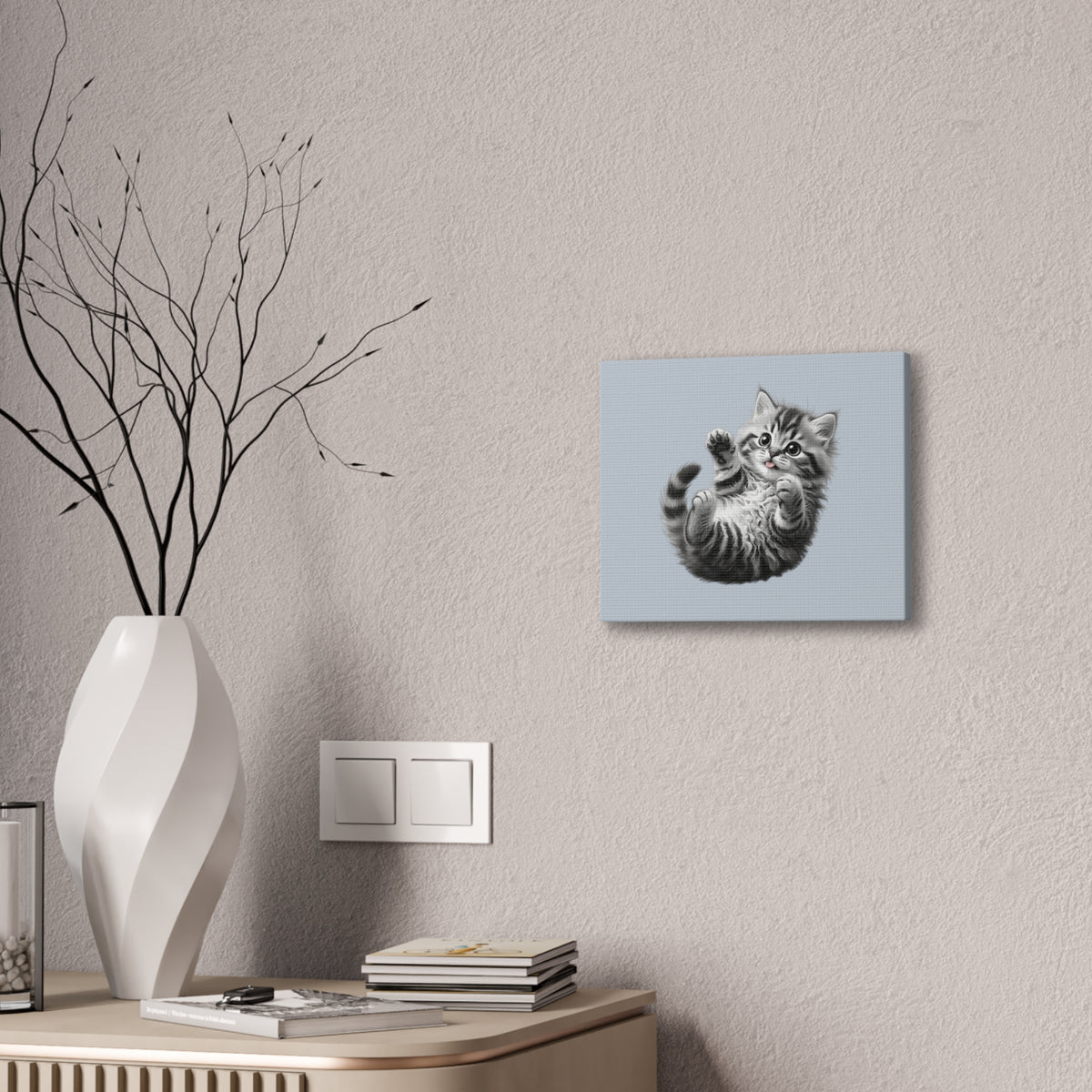 Playful Tabby Grey Fluffy Kitten Illustration Canvas Stretched | Cute Cat Wall Art- Sage Collection- Bestie Best Collection