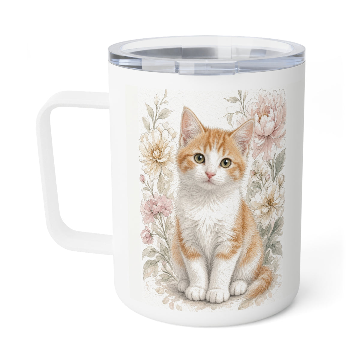 Watercolor Cute Orange Kitty with Vintage Flowers insulated mug | 10oz- Vienna Bestie Best Collection