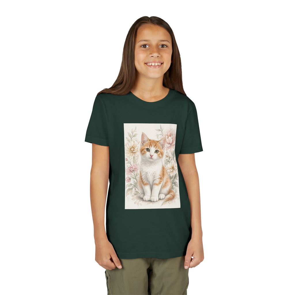 Adorable Orange Tabby Kitten Floral Illustration Youth Tee | Cute Cat Shirt- Vienna Collection