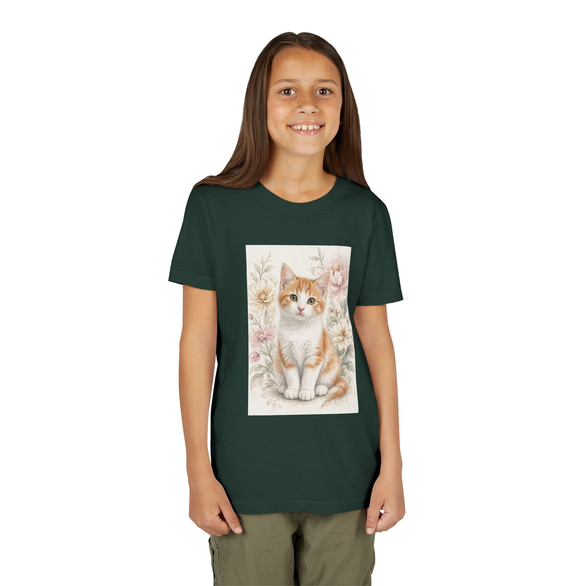 Adorable Orange Tabby Kitten Floral Illustration Youth Tee | Cute Cat Shirt- Vienna Collection