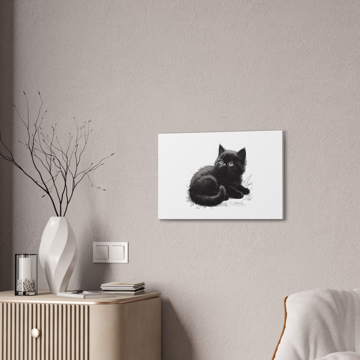 Black Kitten Illustration Canvas Stretched | Cute Cat Wall Art- Nursery & Kids room Decor, Twixie Collection- Bestie Best