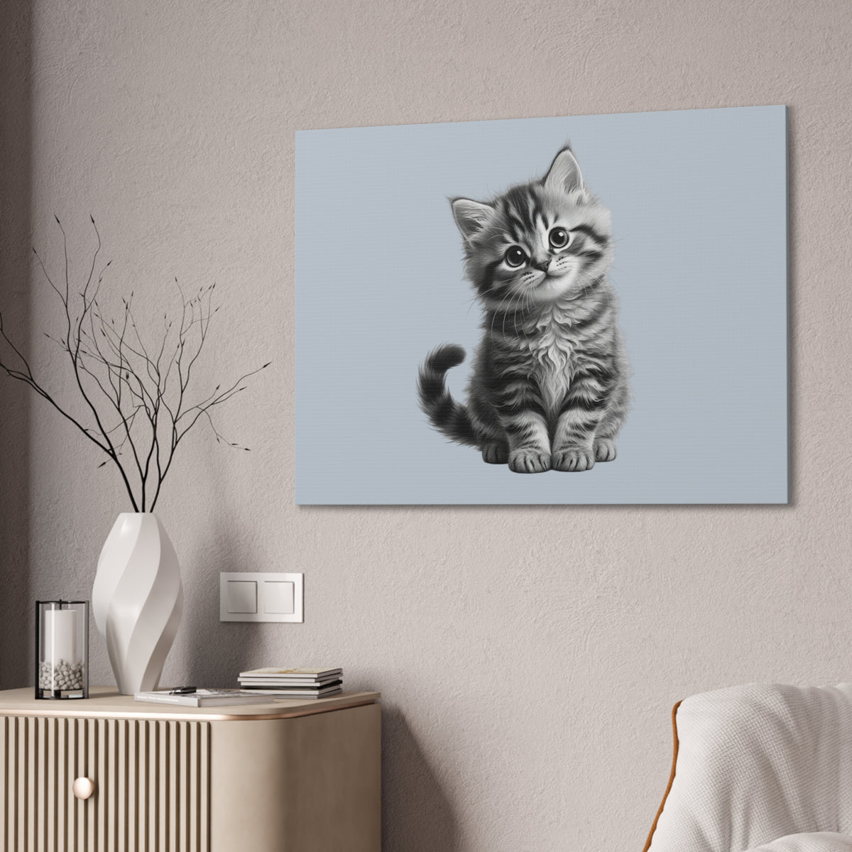 Gray Tabby Kitten Illustration Canvas- Bestie Best Decor Collection- Sage Collection