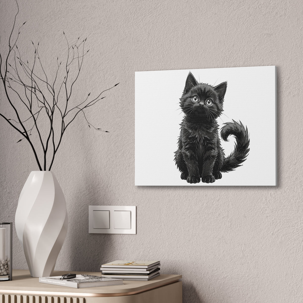 Adorable Fluffy Black Kitten Illustration Canvas- Twixie Collection- Bestie Best Decor Collection