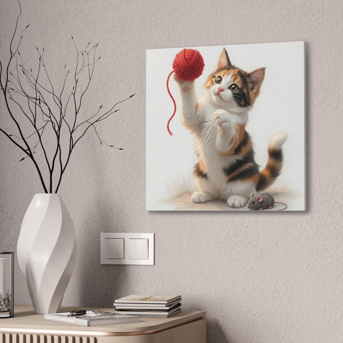 Calico Kitten with Red Yarn Canvas- Nursery Decor- Baby & Kids Room- Kitten Gloria Collection