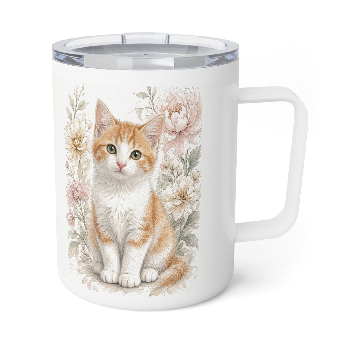 Watercolor Cute Orange Kitty with Vintage Flowers insulated mug | 10oz- Vienna Bestie Best Collection