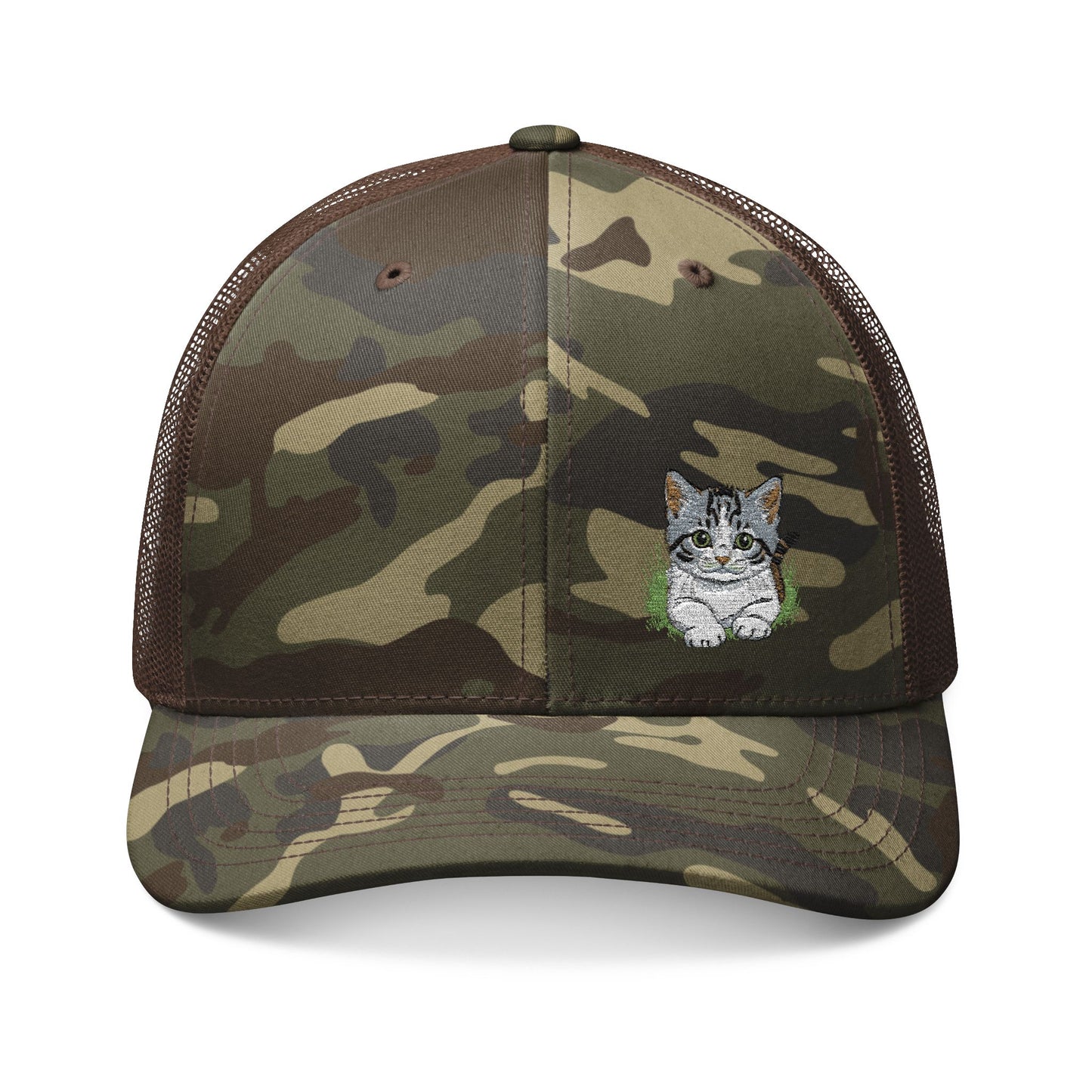 Embroidered Kitty  Face Camouflage Trucker Hat | Camo Mesh Cap Rosa Collection