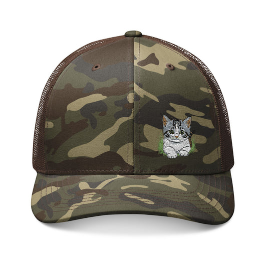Embroidered Kitty  Face Camouflage Trucker Hat | Camo Mesh Cap Rosa Collection