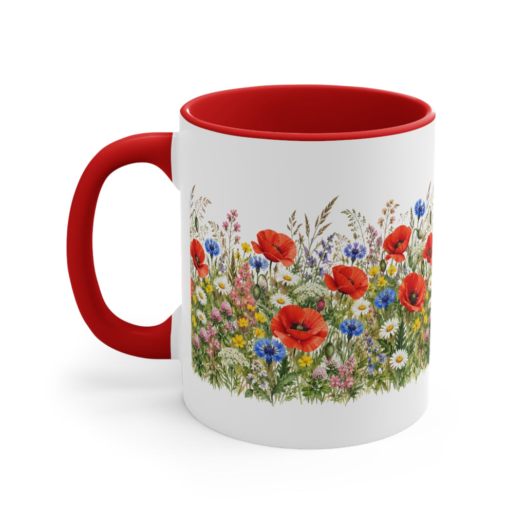 Wildflower Poppy Meadow Mug | Red Accent 11oz Ceramic