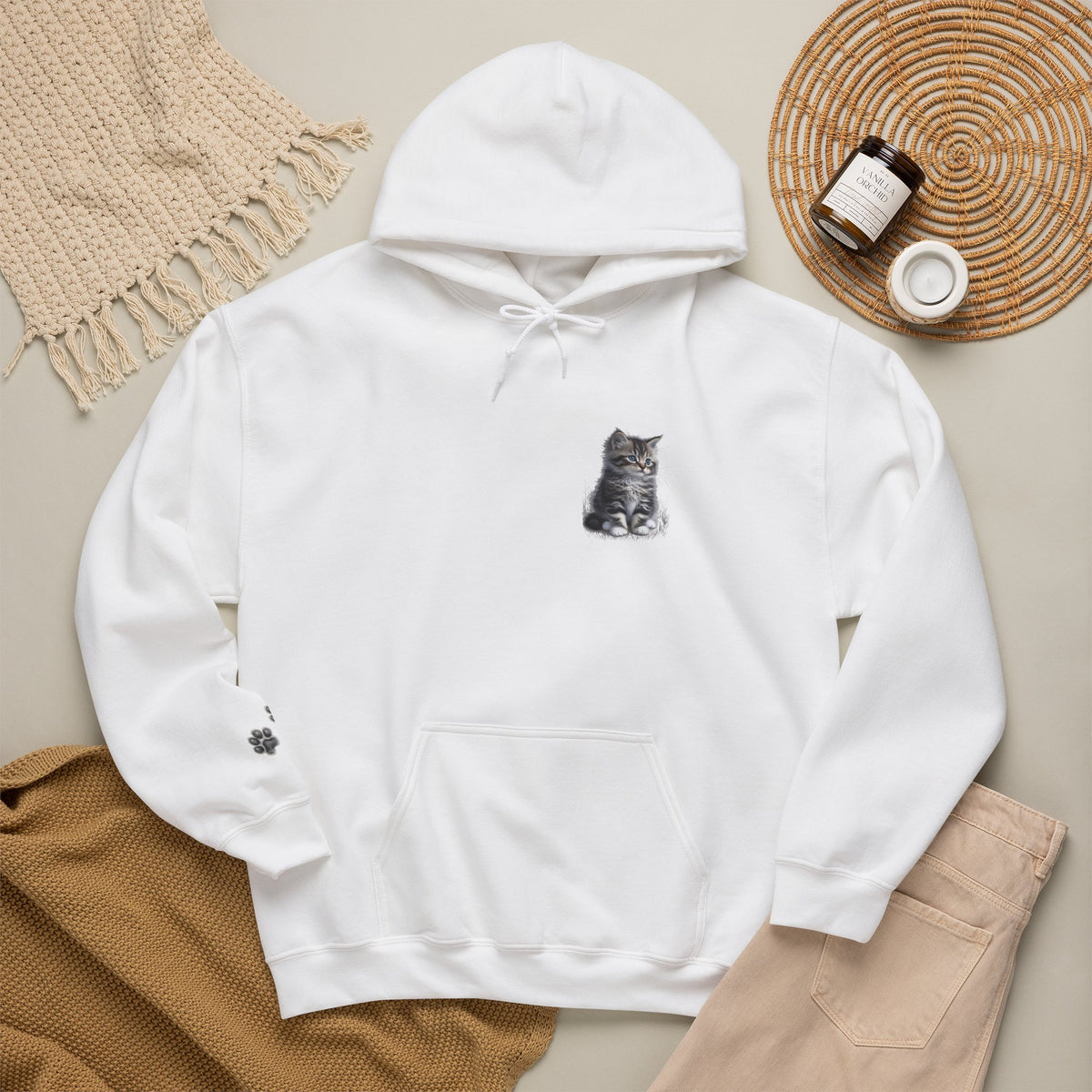 Fluffy Kitten Diego-Cat Lover Hoodie with Paw Print Design
