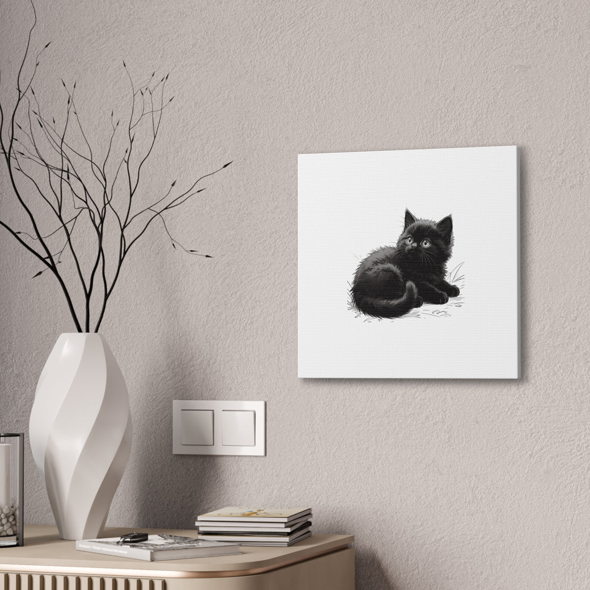 Black Kitten Illustration Canvas Stretched | Cute Cat Wall Art- Nursery & Kids room Decor, Twixie Collection- Bestie Best