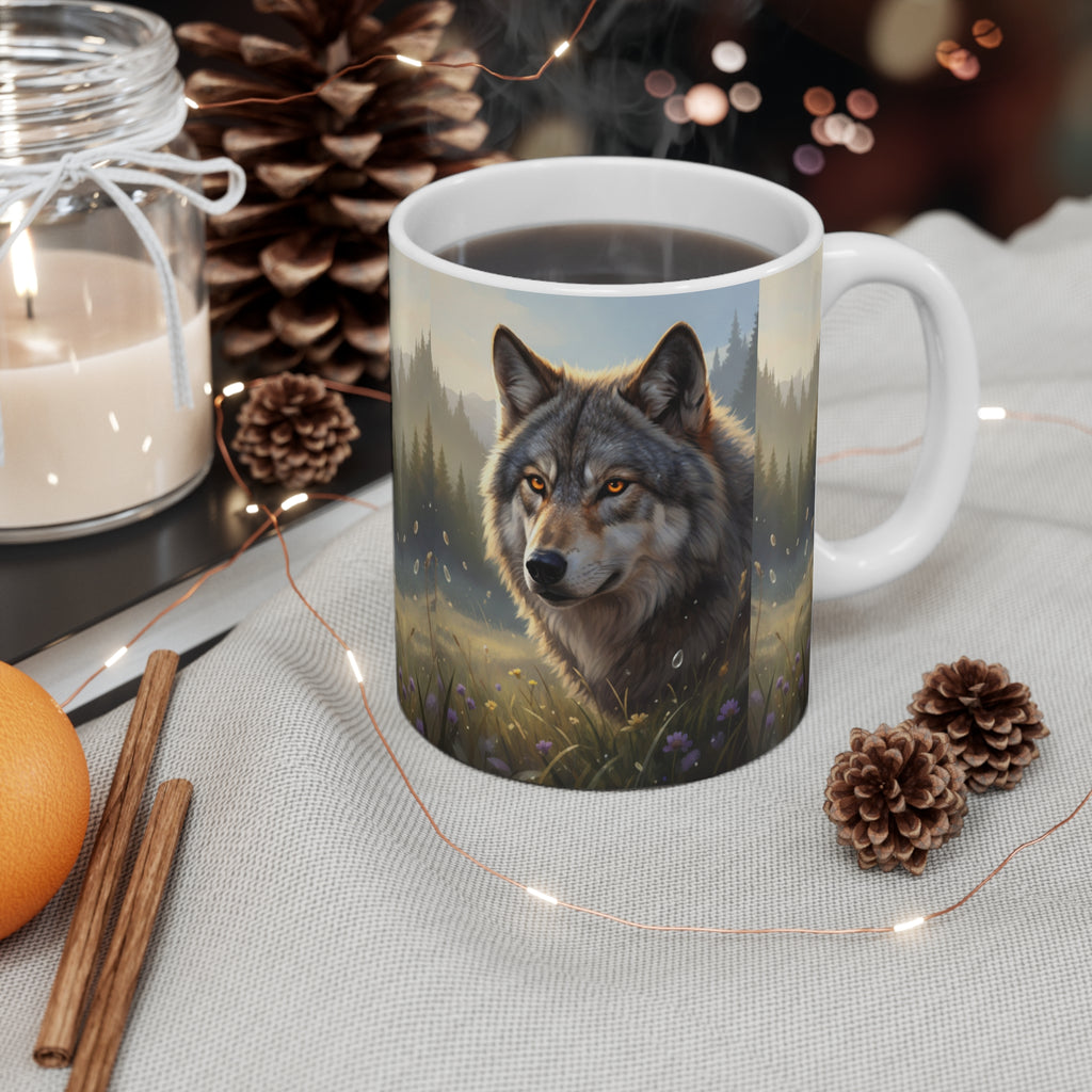 Majestic Wolf Portrait Mug | Forest Morning Scene, Wild Nature
