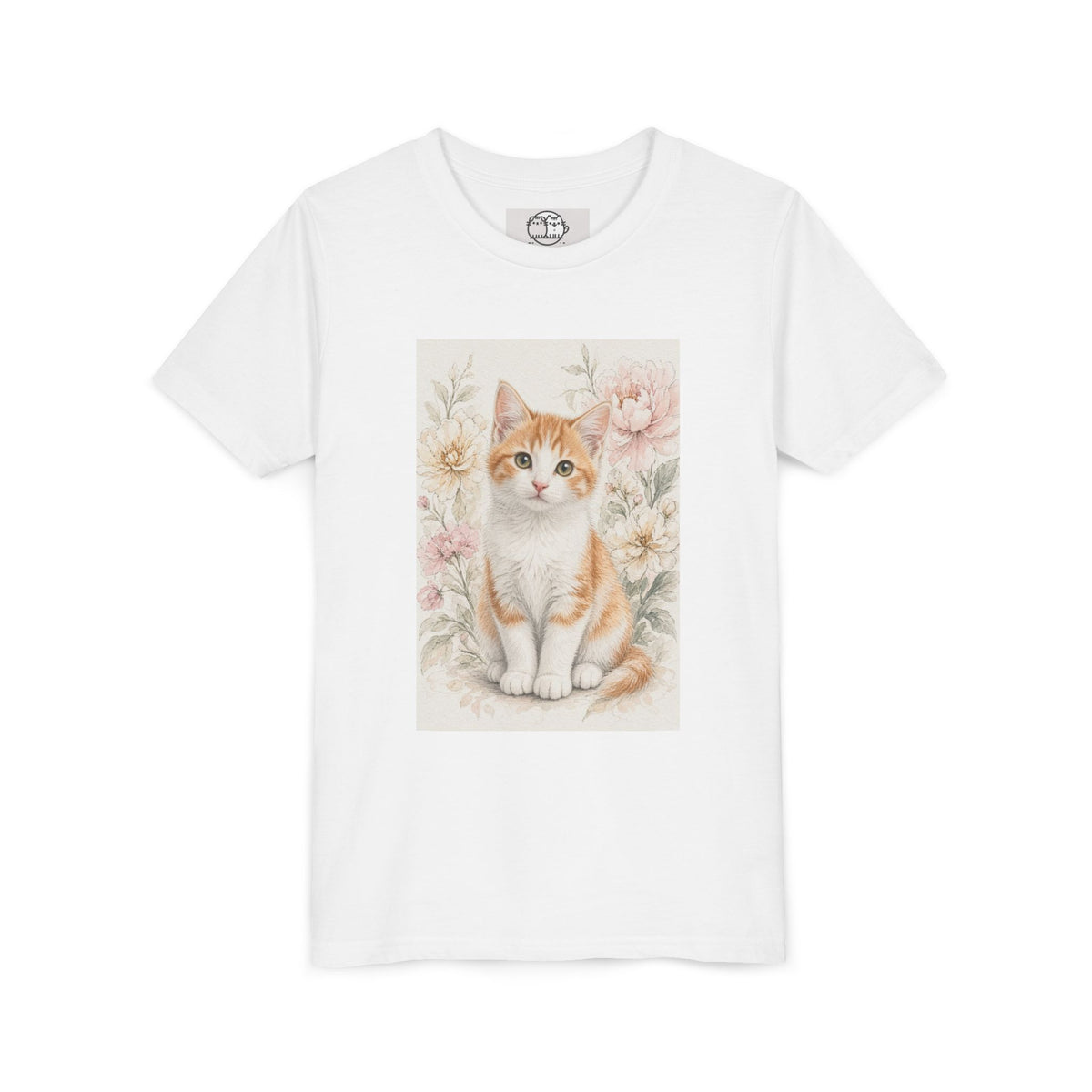 Adorable Orange Tabby Kitten Floral Illustration Youth Tee | Cute Cat Shirt- Vienna Collection