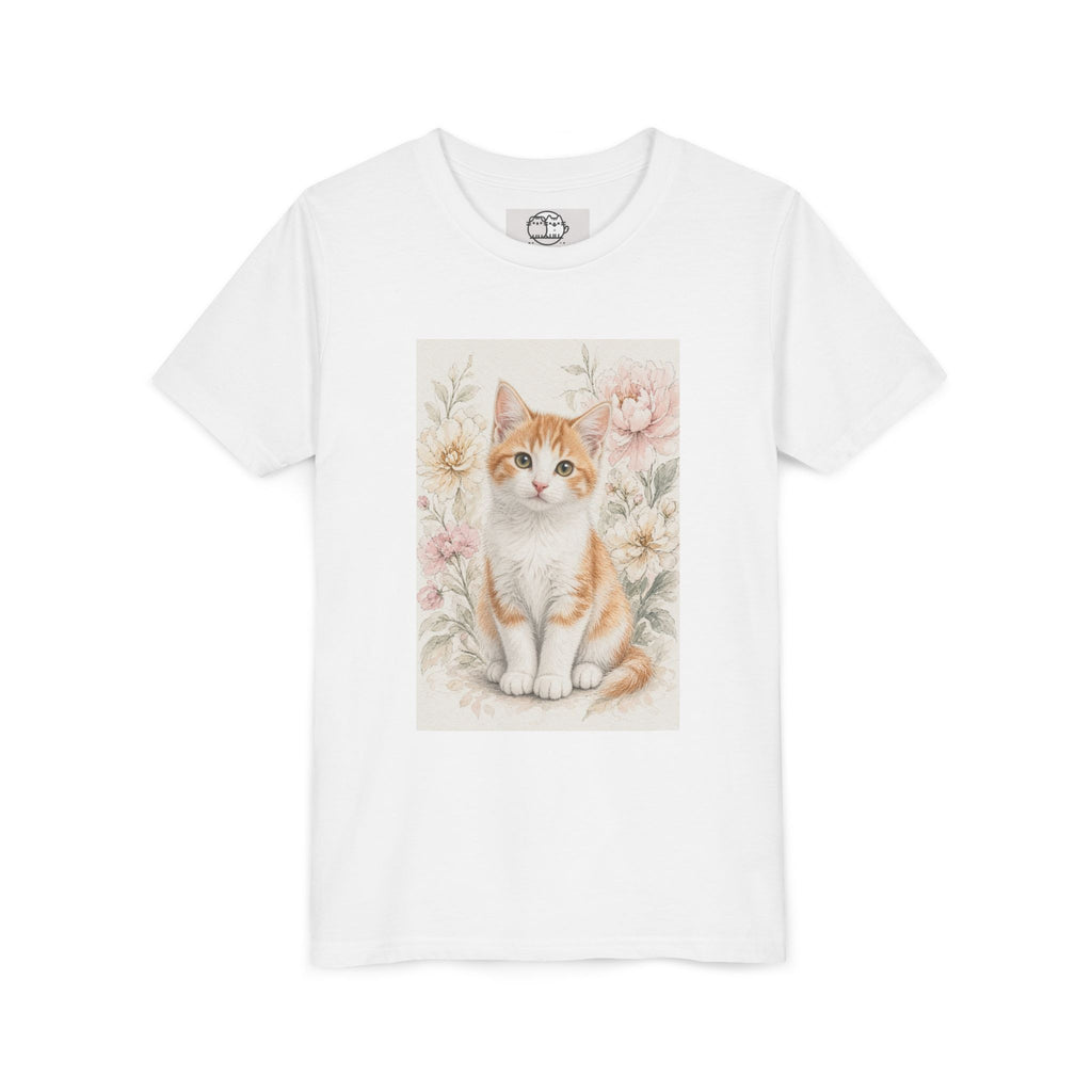 Adorable Orange Tabby Kitten Floral Illustration Youth Tee | Cute Cat Shirt- Vienna Collection