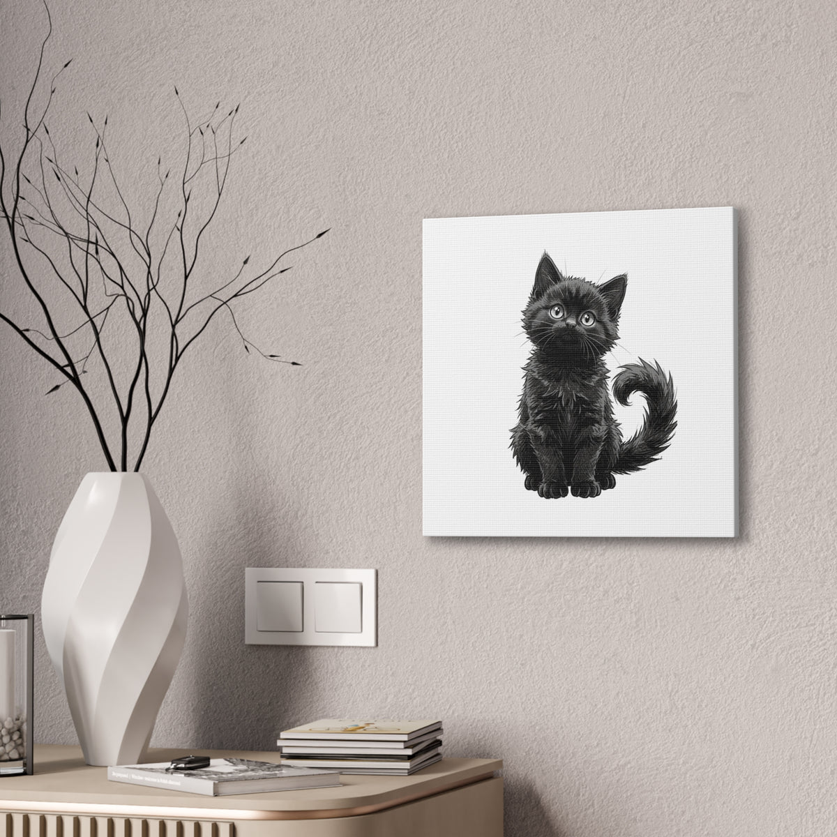Adorable Fluffy Black Kitten Illustration Canvas- Twixie Collection- Bestie Best Decor Collection